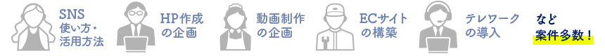 対象となる業務は、SNS使い方活用、HP作成の企画、動画制作の企画、ECサイトの構築、テレワークの導入などです。