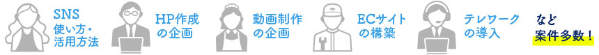 対象となる業務は、SNS使い方活用、HP作成の企画、動画制作の企画、ECサイトの構築、テレワークの導入などです。